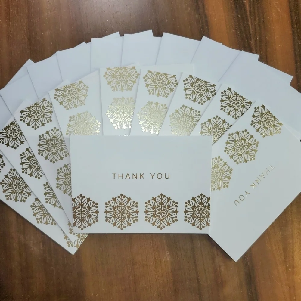 10 Thank You Greeting Card Hallmark Blank Inside White Gold Holiday Snowflake